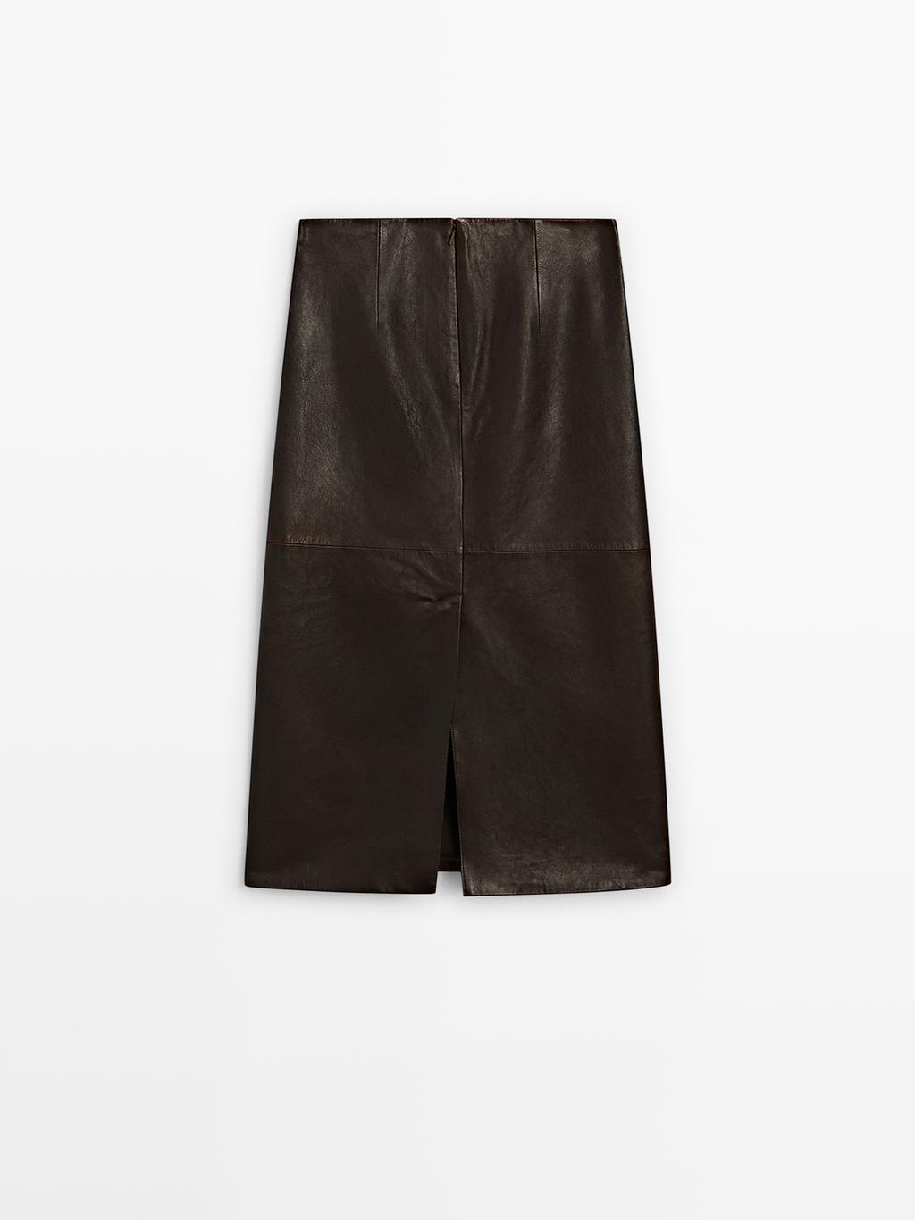 Straight nappa leather midi skirt with slit