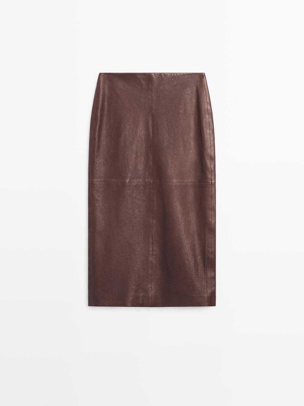 Straight nappa leather midi skirt