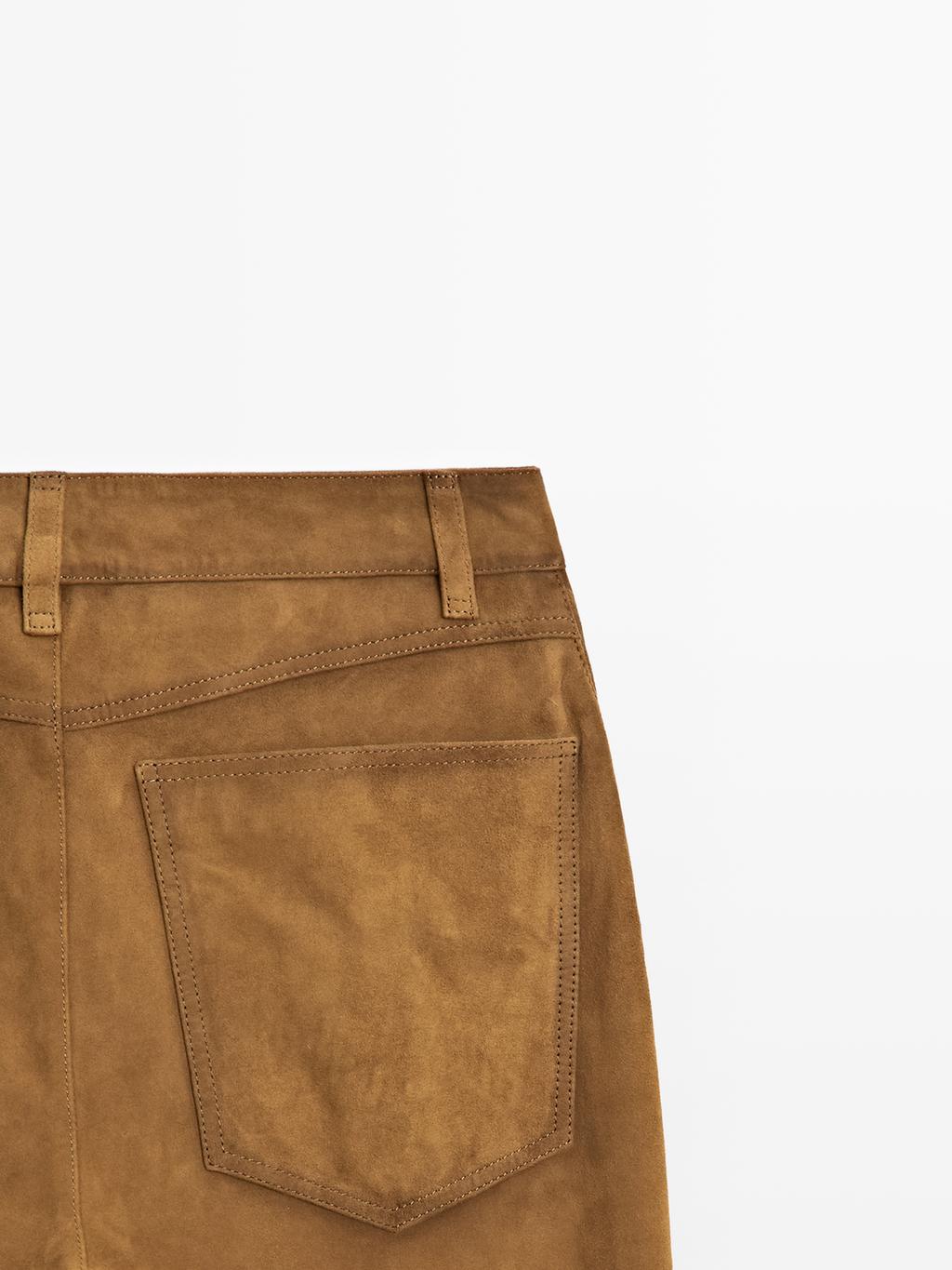 Suede leather straight trousers
