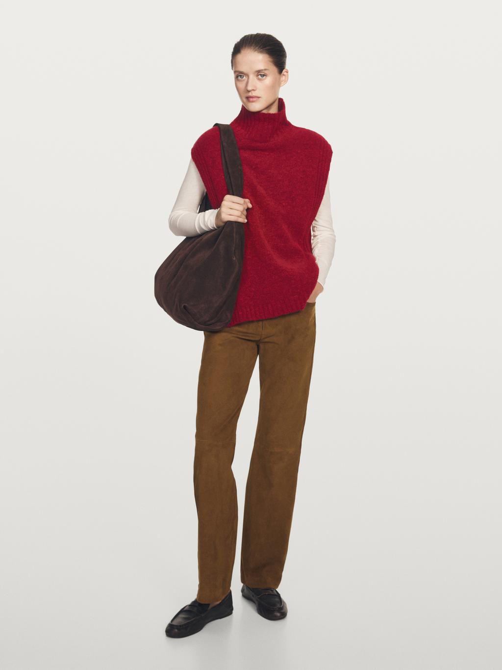 Suede leather straight trousers