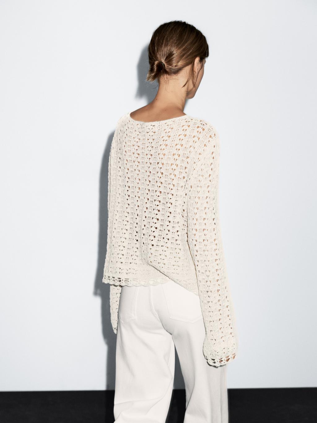 Cotton blend openwork crochet sweater