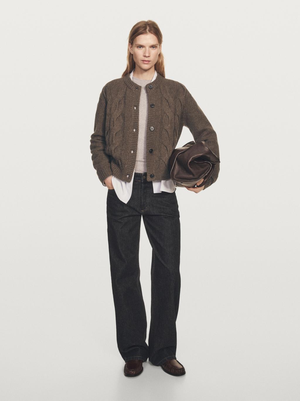 Wool blend cable-knit cardigan