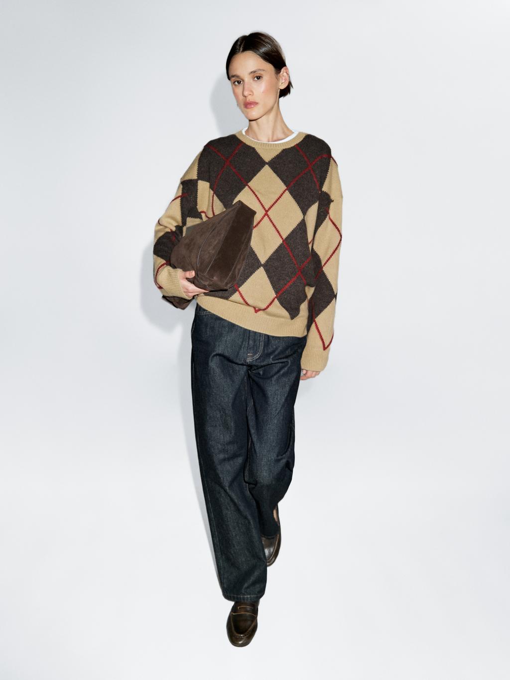 Knit wool blend sweater with argyle detail
