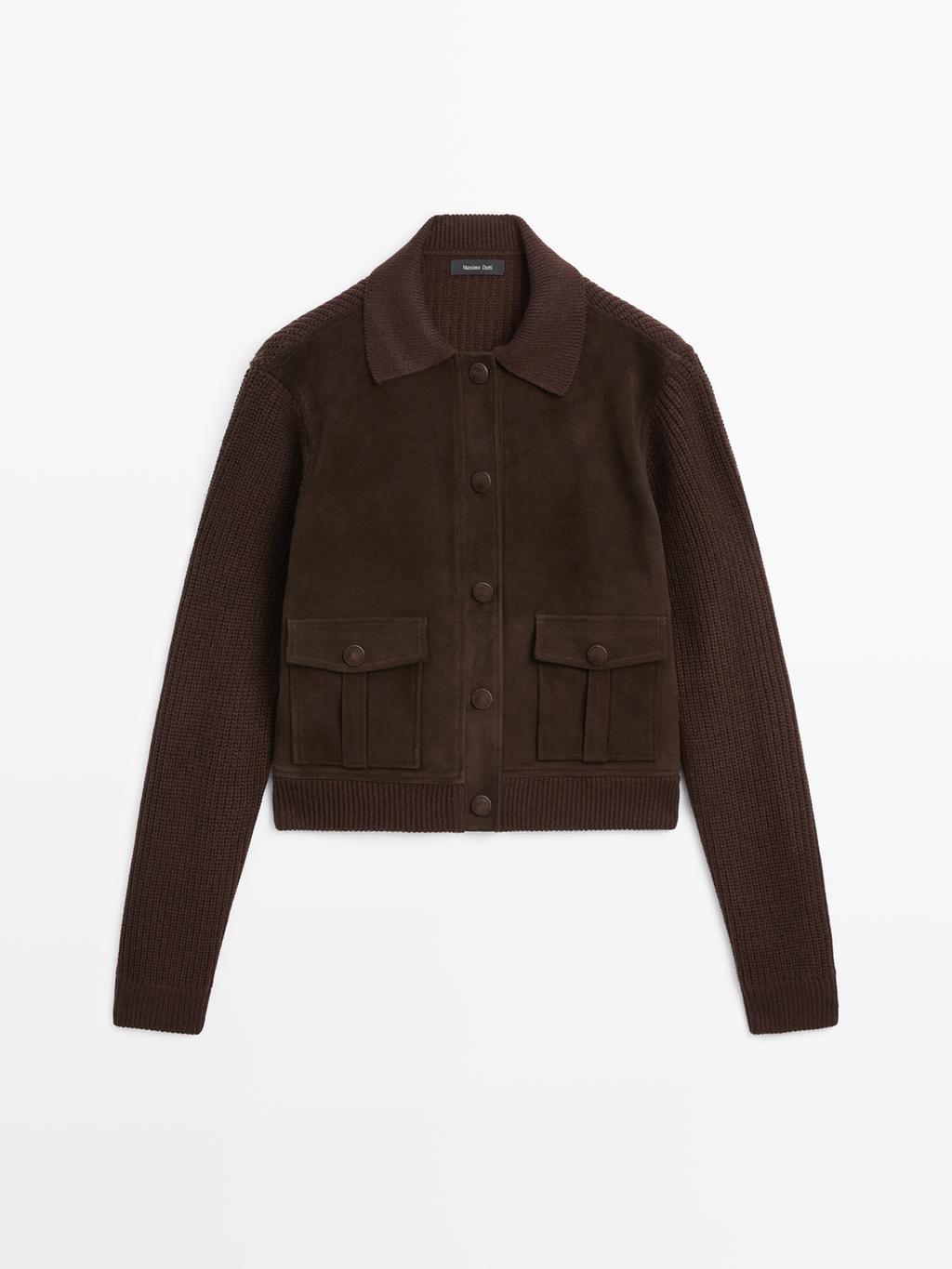 Short knit cardigan with contrast suede leather