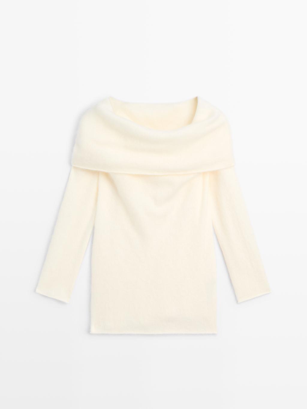 Knit wool and cashmere sweater with exposed shoulders