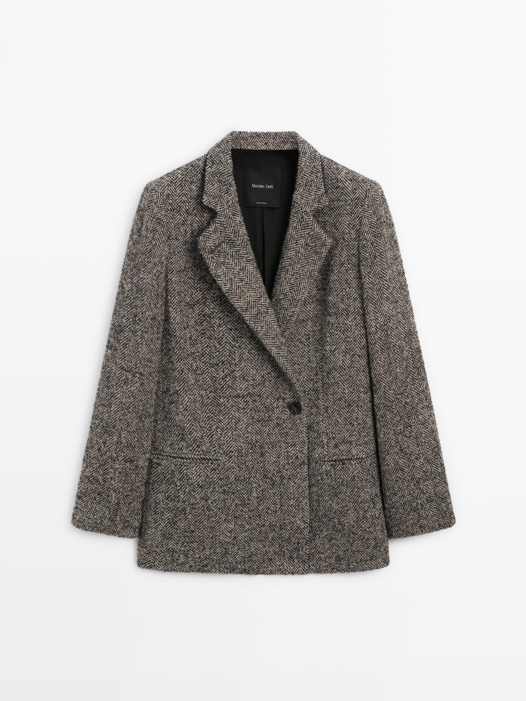 Herringbone wool blend blazer with high collar