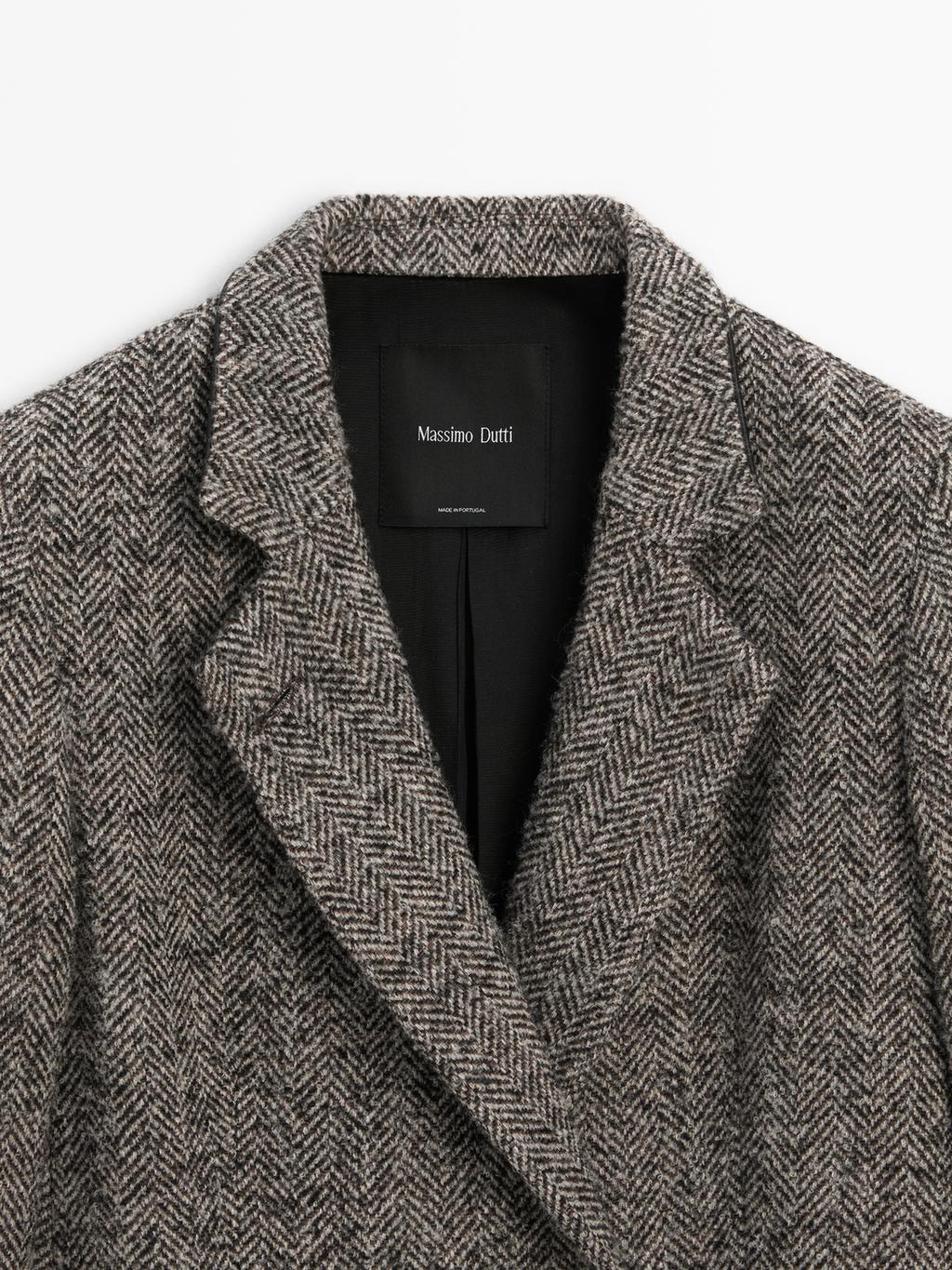 Herringbone wool blend blazer with high collar