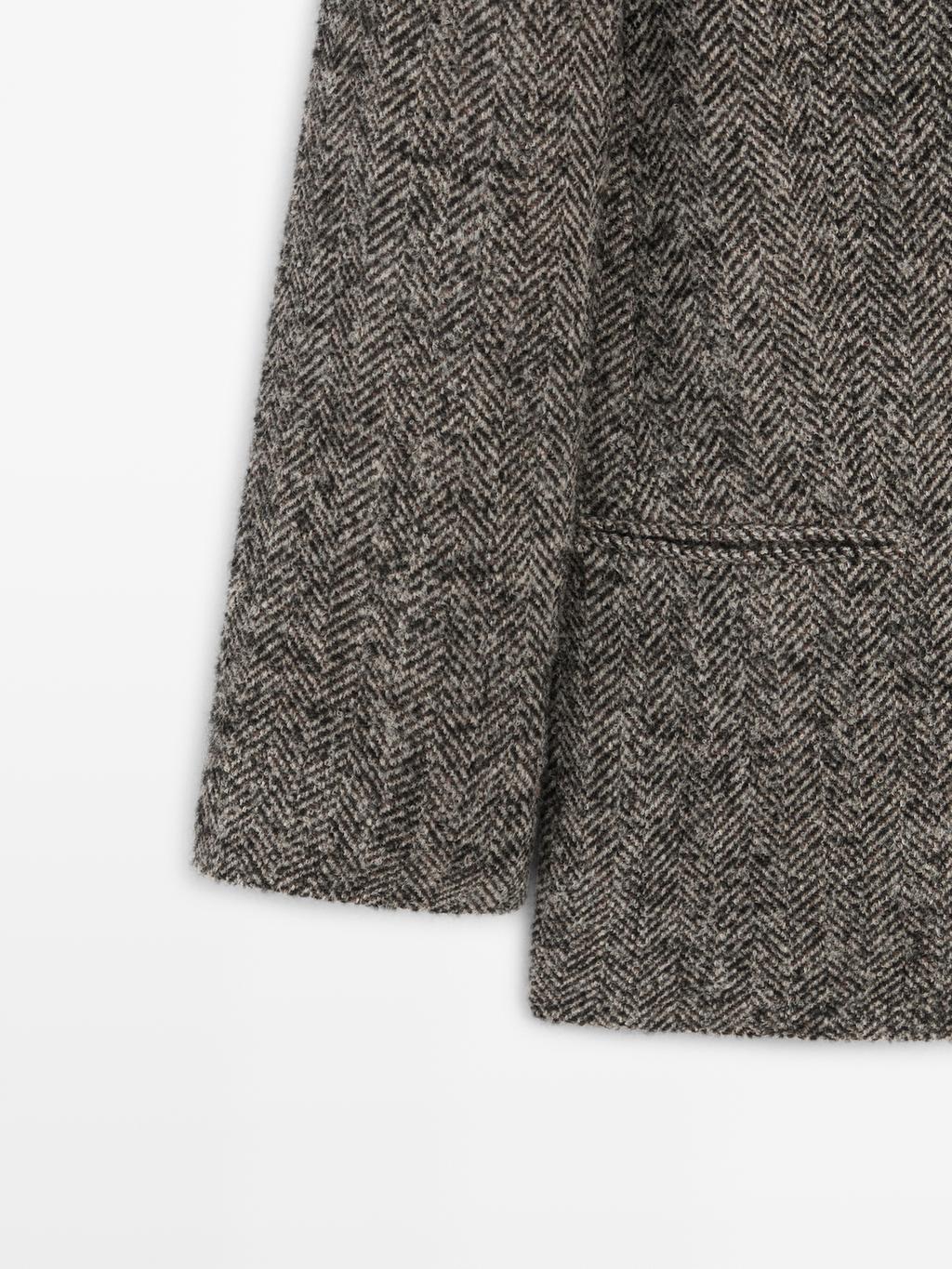 Herringbone wool blend blazer with high collar