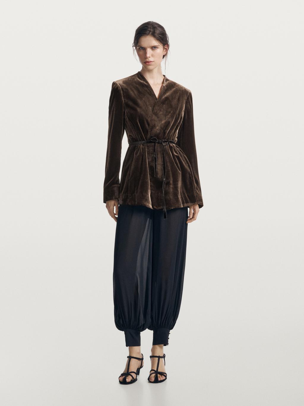 Velvet blazer with tie detail