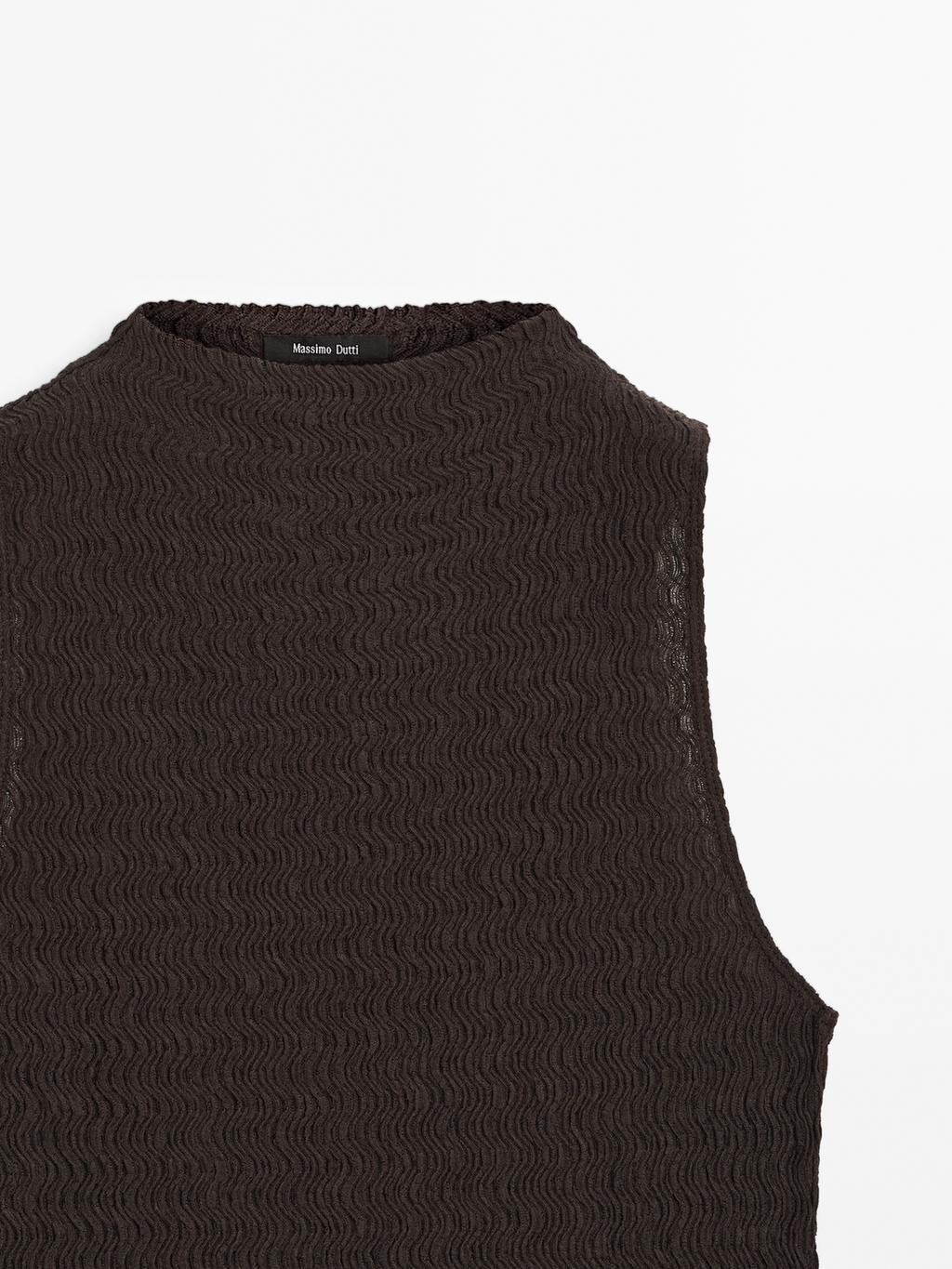 Chocolate linear waffle-knit funnel neck top