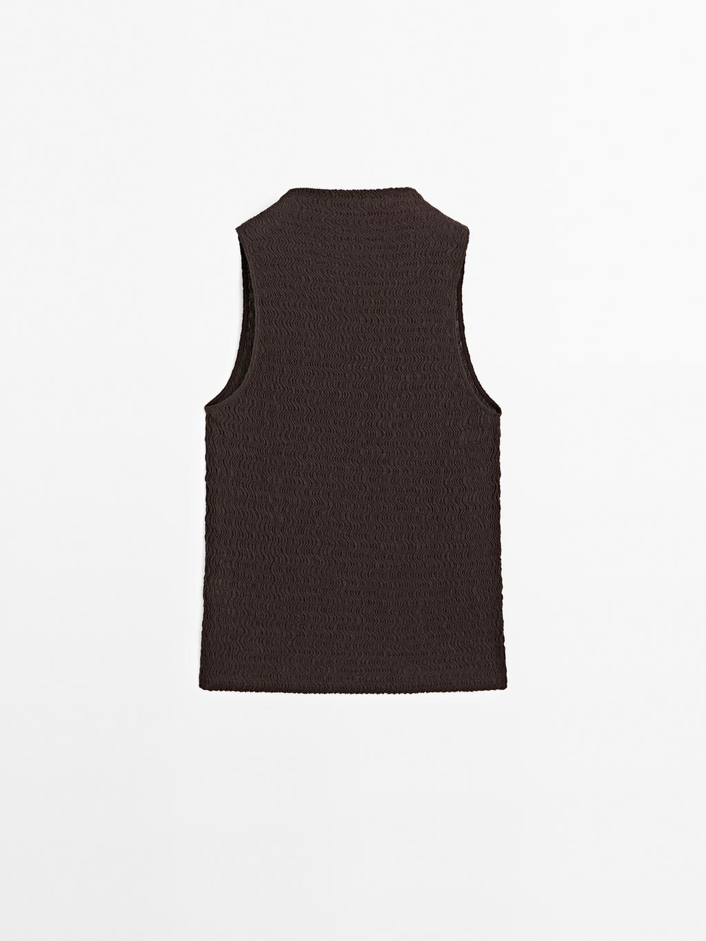 Chocolate linear waffle-knit funnel neck top