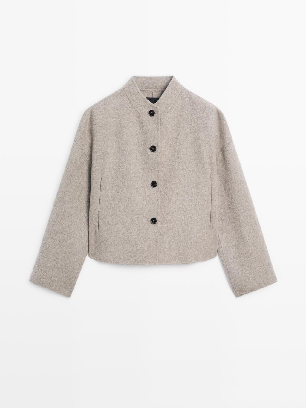 Short wool blend coat with high collar