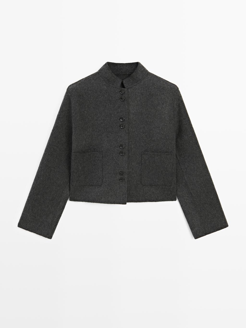 Short double-breasted wool blend jacket