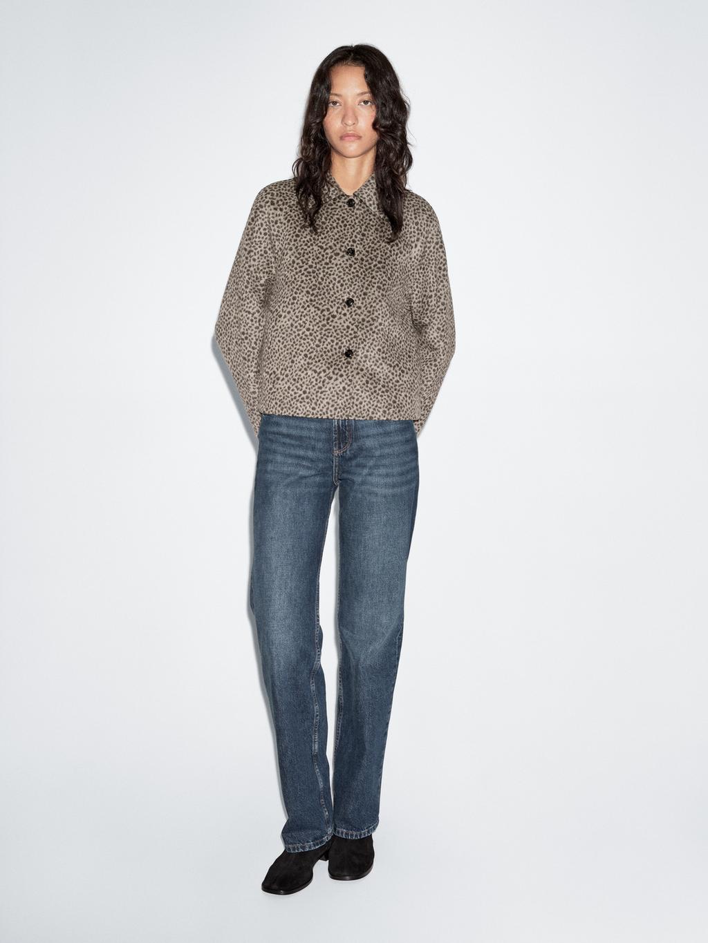 Short wool blend animal print coat