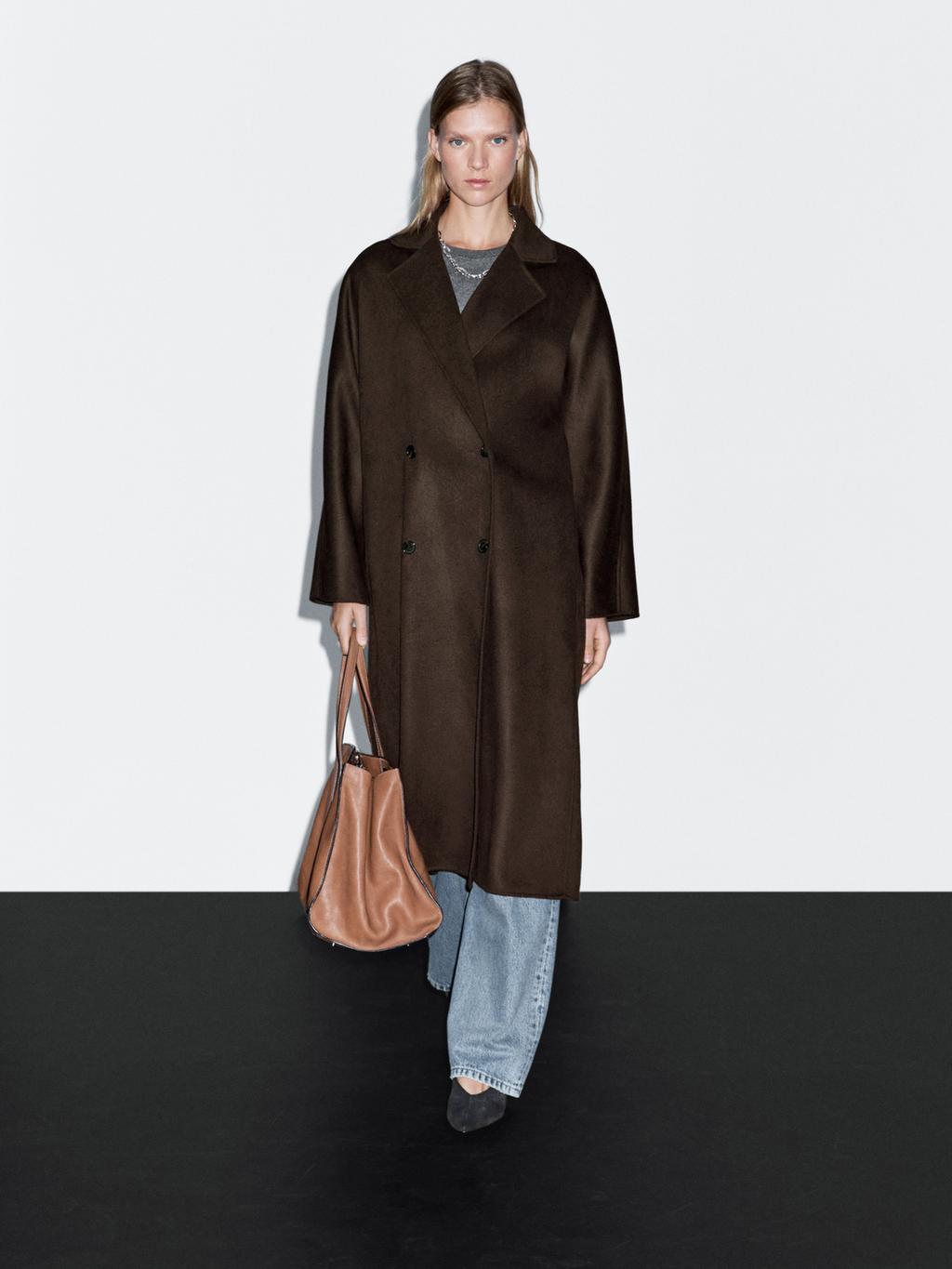 Long double-breasted wool blend coat