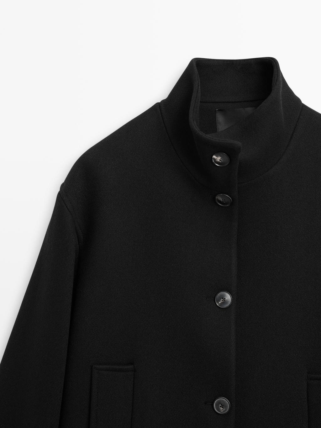 Wool blend high neck coat with button fastening