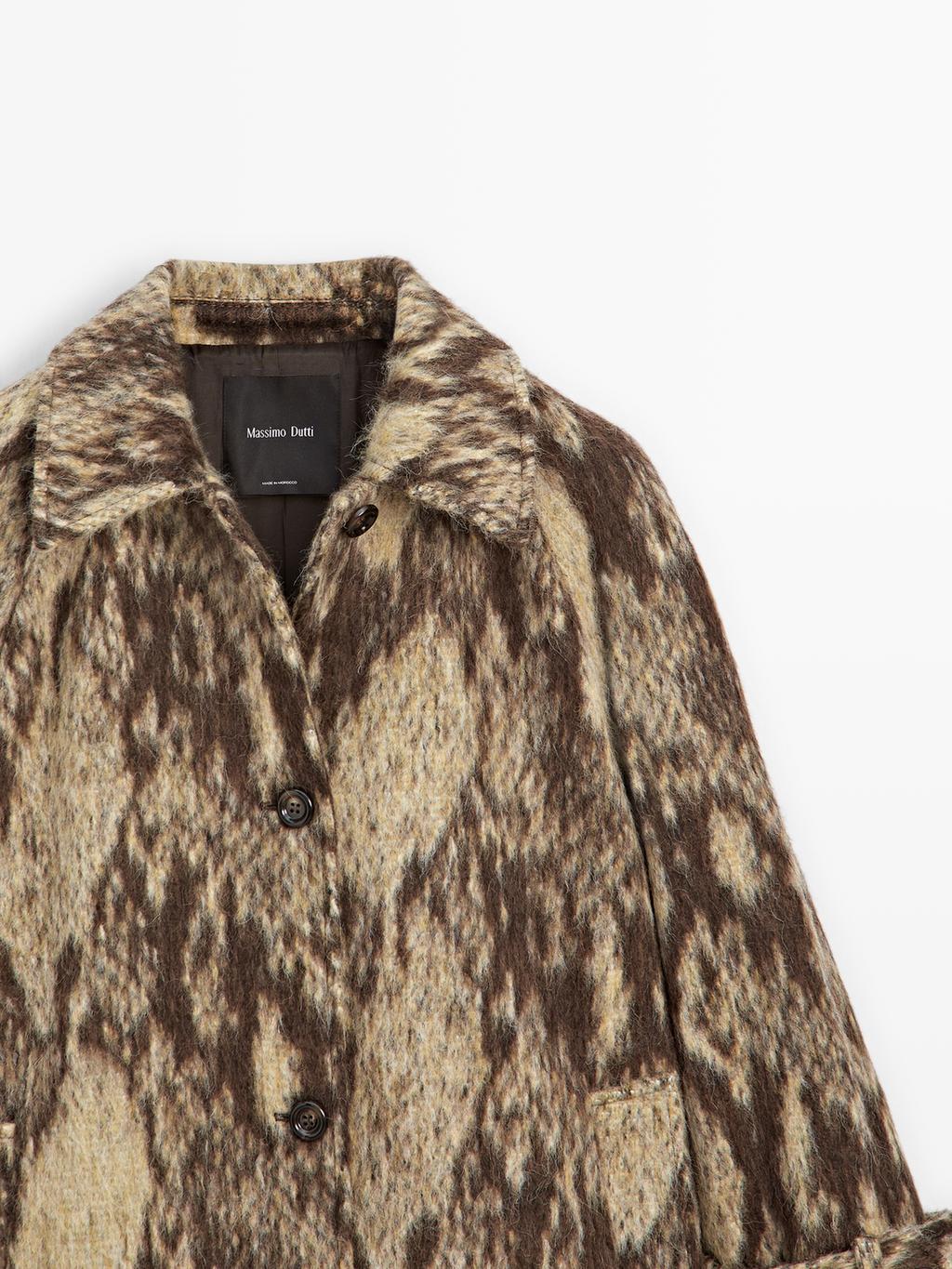 Long wool blend snakeskin print coat