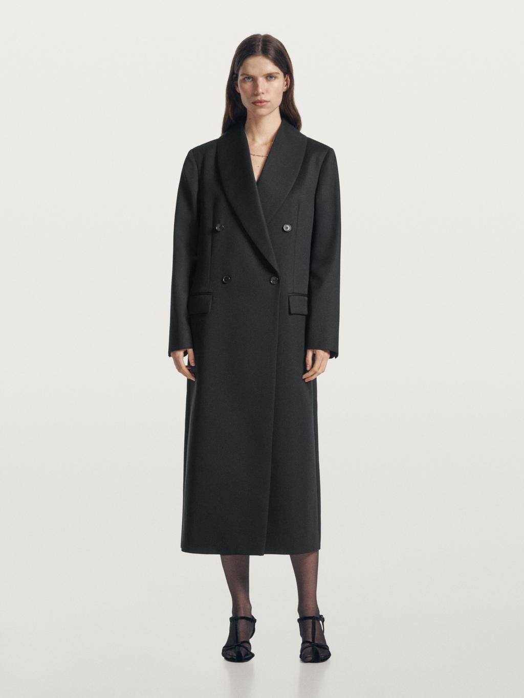 Long double-breasted 100% wool coat