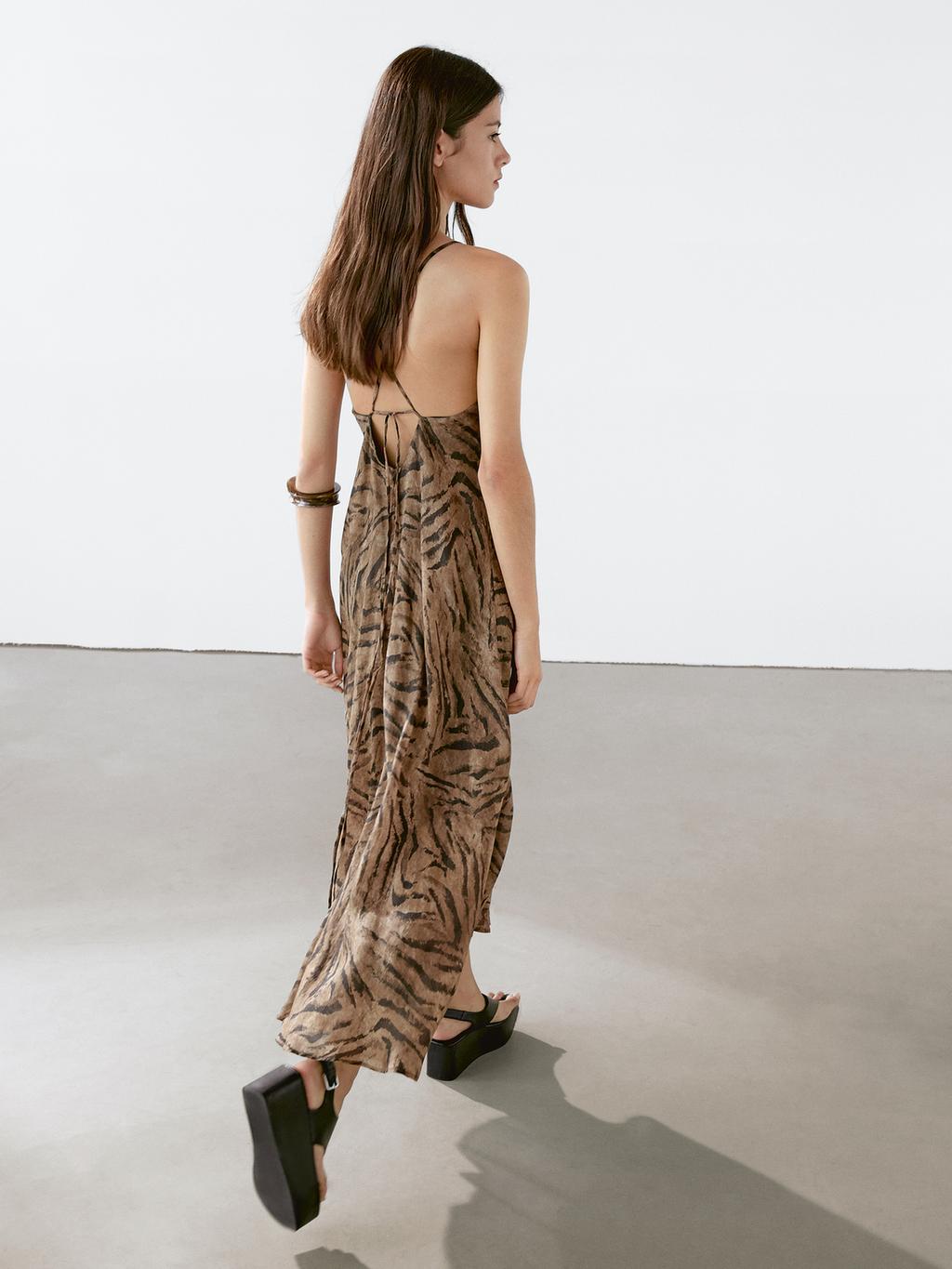 Long ramie blend animal print dress
