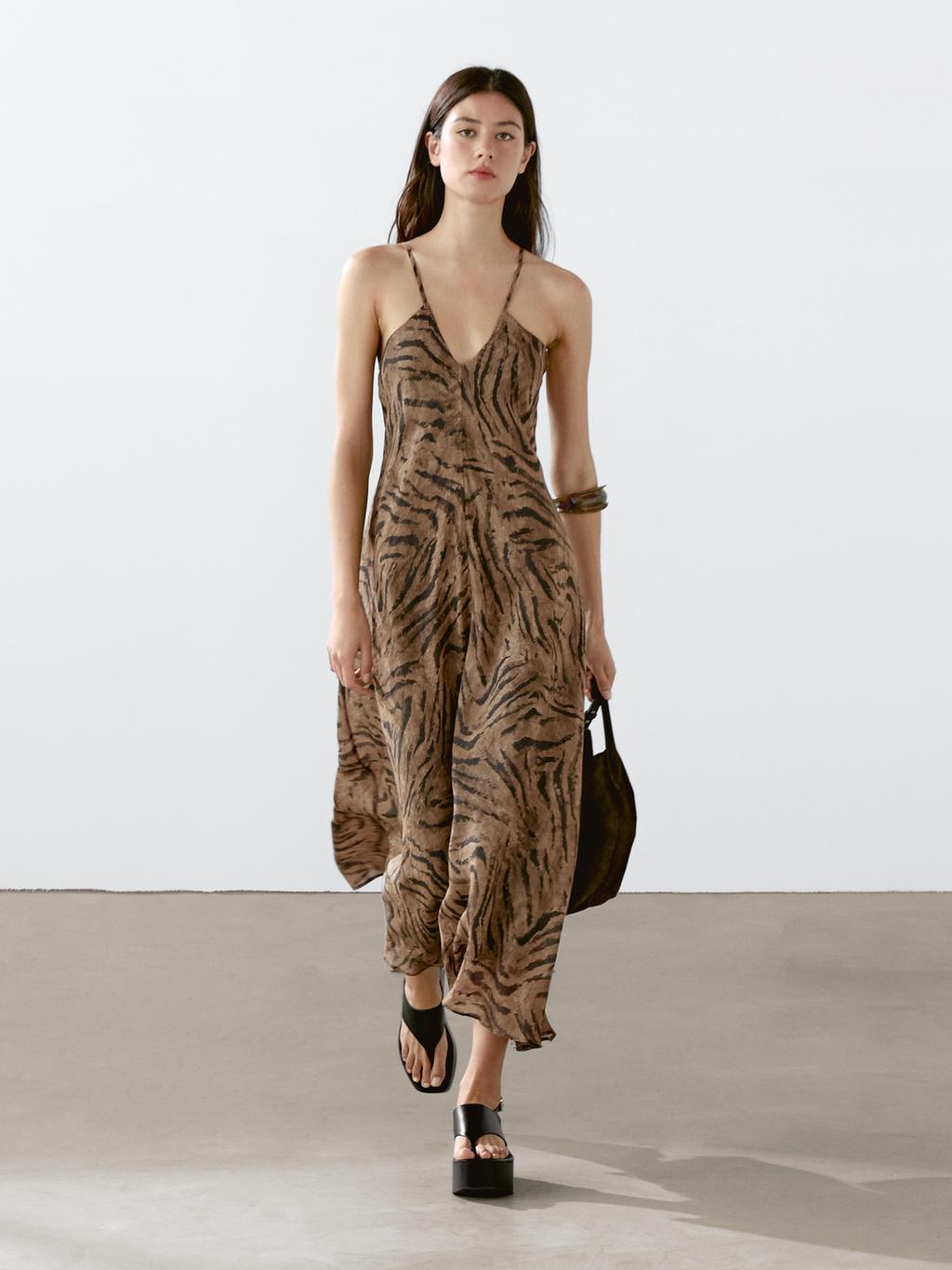 Long ramie blend animal print dress