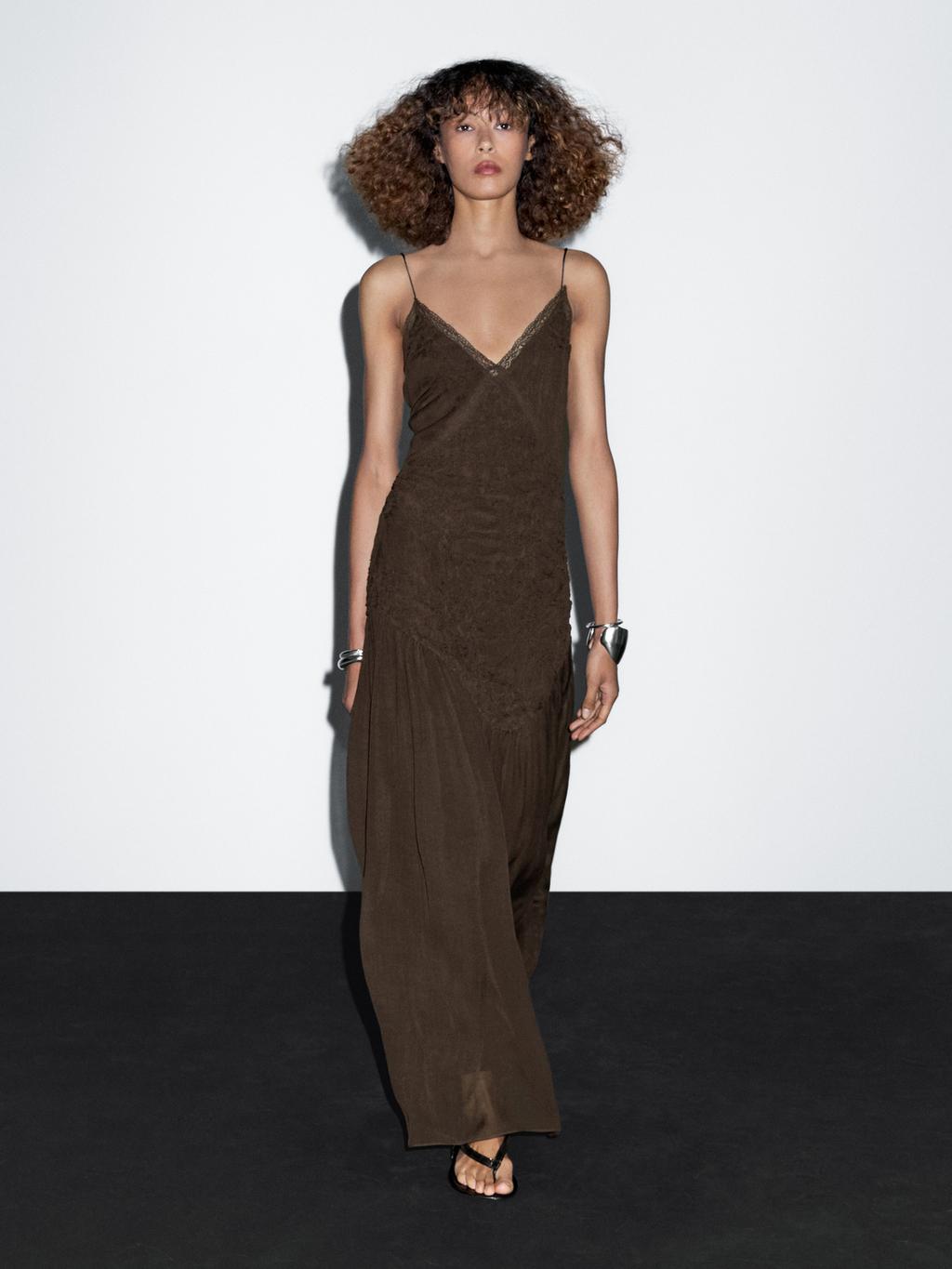 Long slip dress with gathered detail