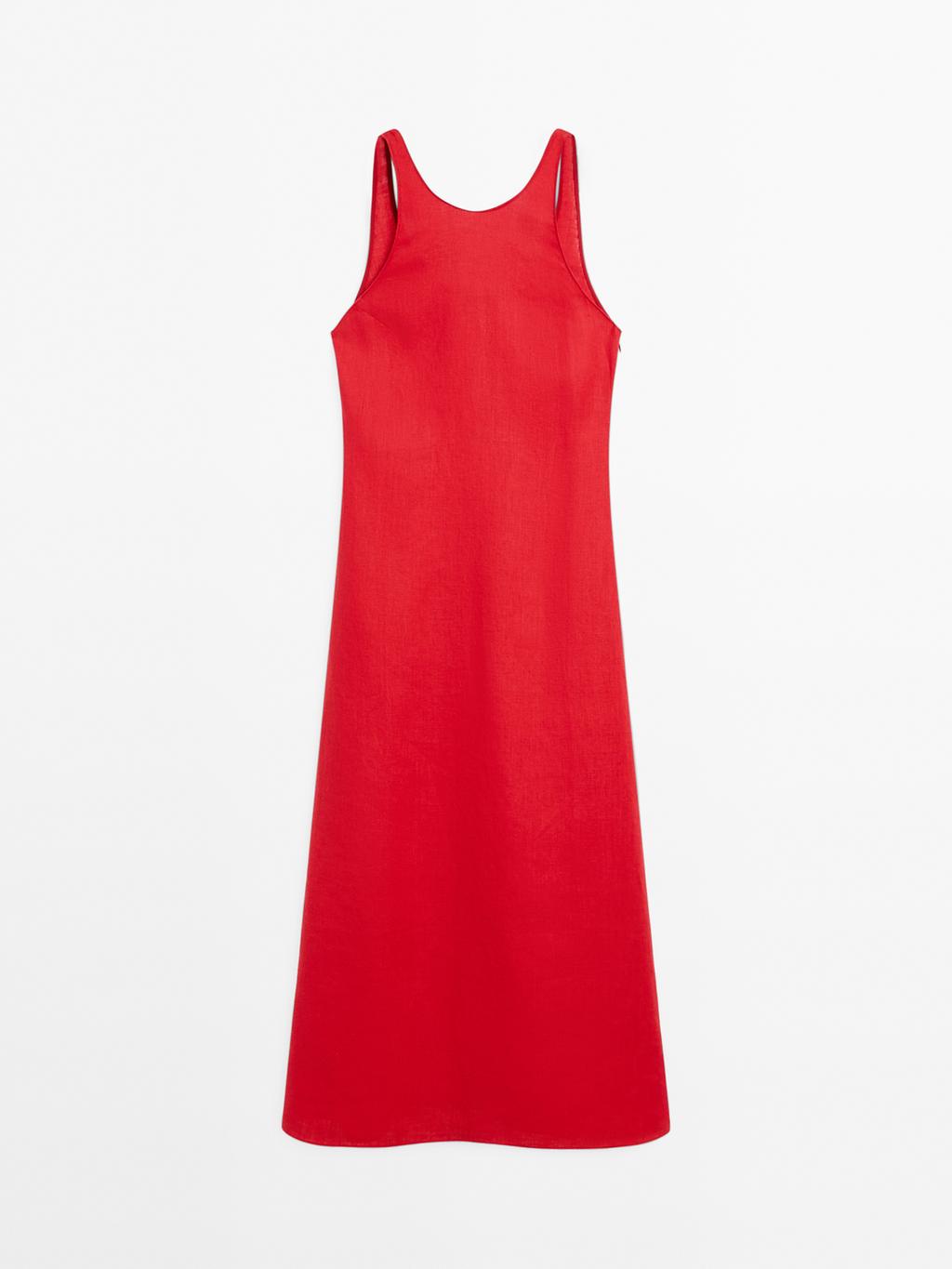 100% linen round neck midi dress