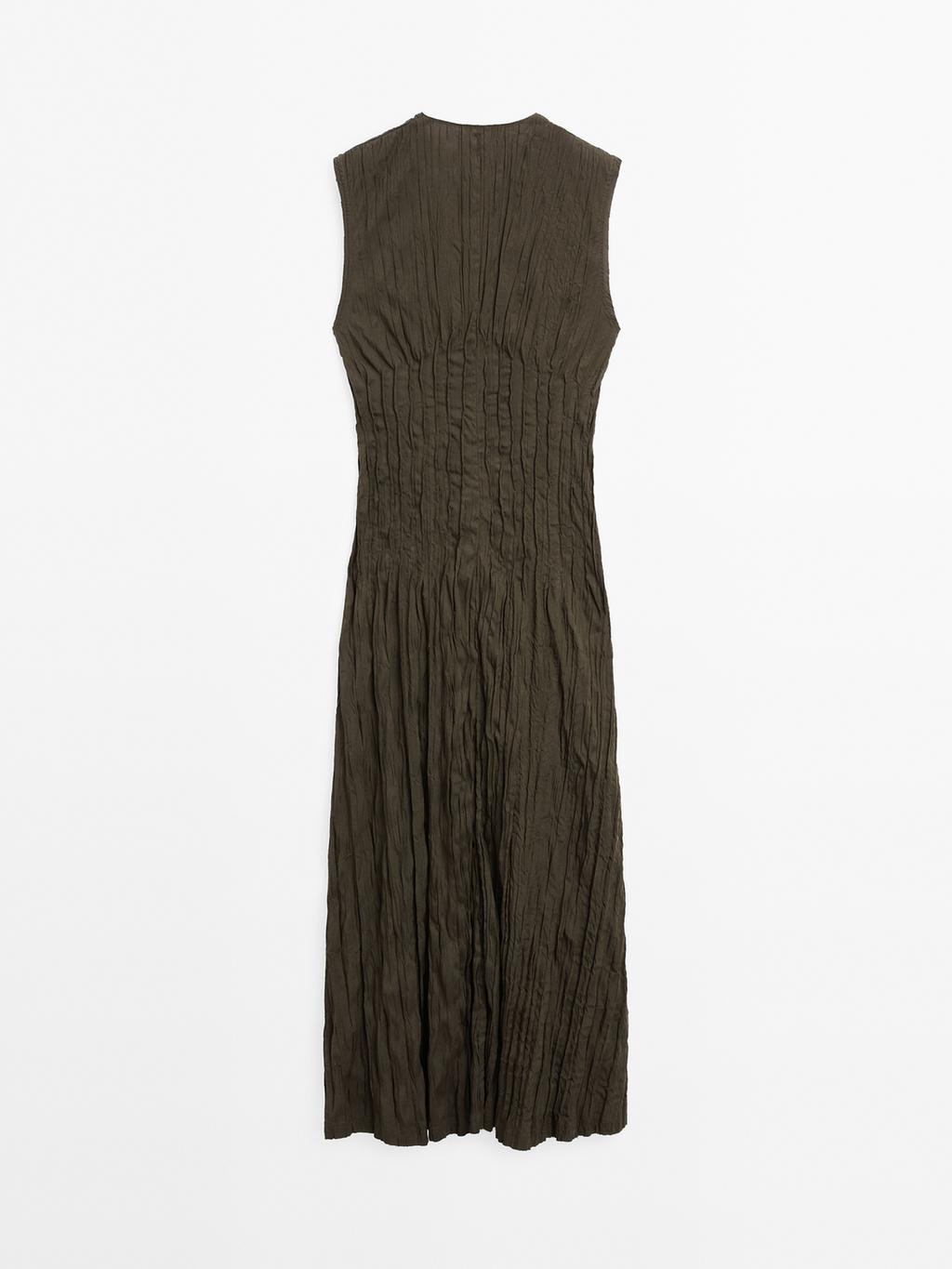 Creased-effect long pleated dress
