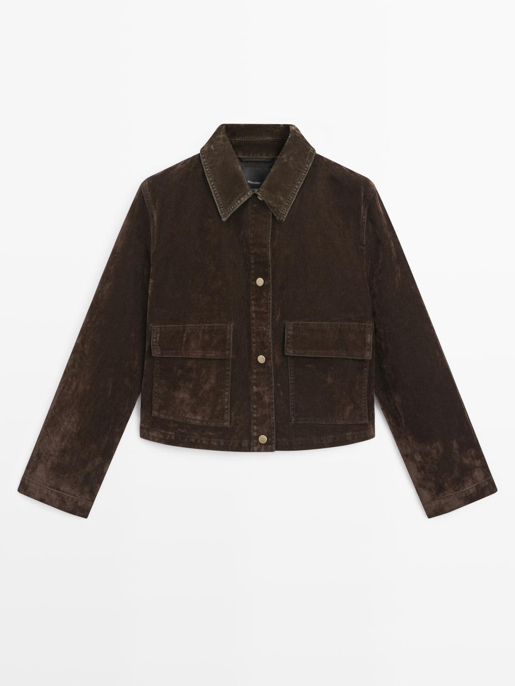 Short denim jacket with pockets and flocked finish