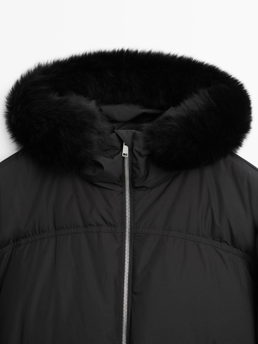 Technical down jacket with faux fur hood