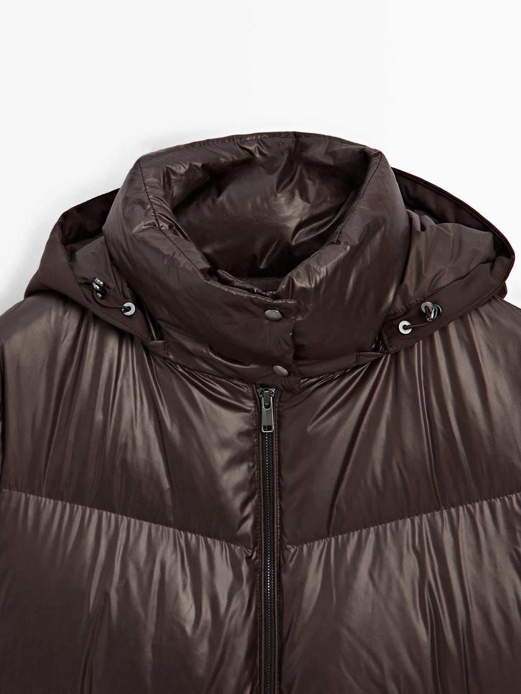 Water-repellent shiny down jacket with detachable hood