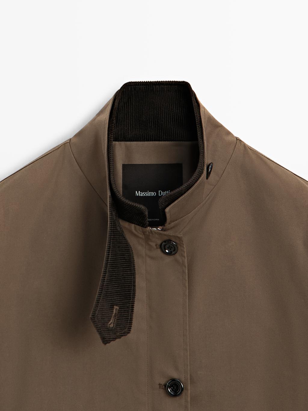 Waxed high neck parka with corduroy detail