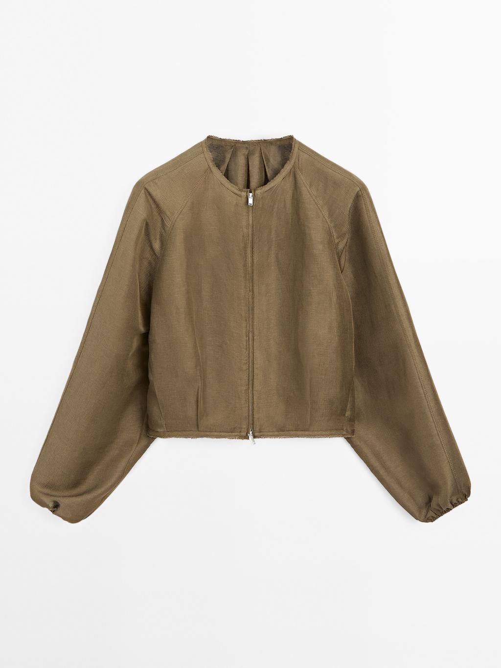 Frayed linen and silk bomber jacket