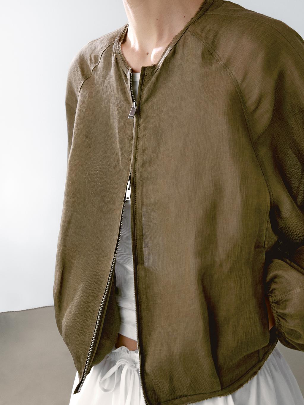 Frayed linen and silk bomber jacket