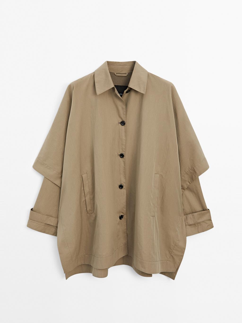 Cape trench coat with long sleeves