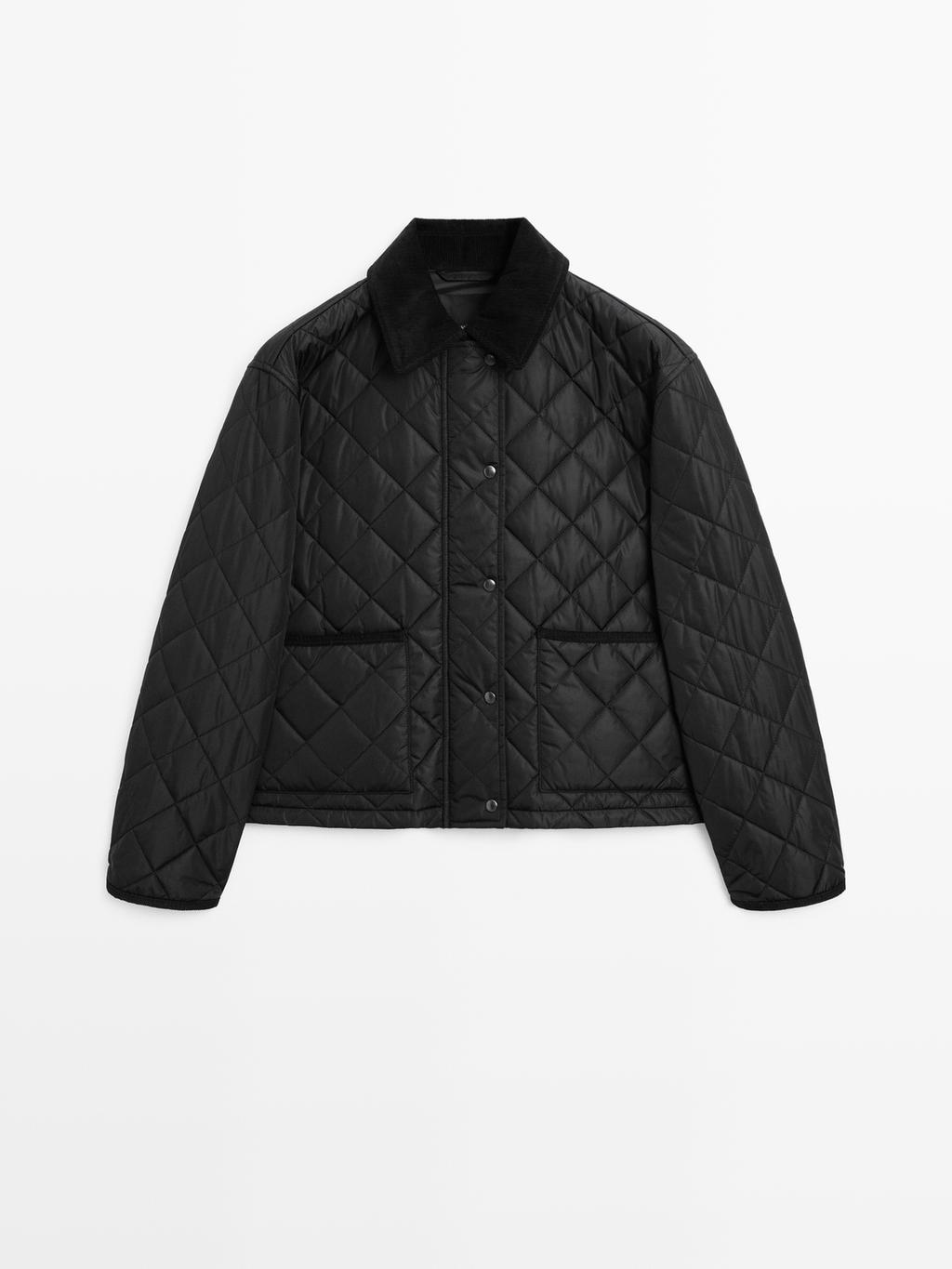 Short lightweight water-repellent puffer jacket with corduroy detail