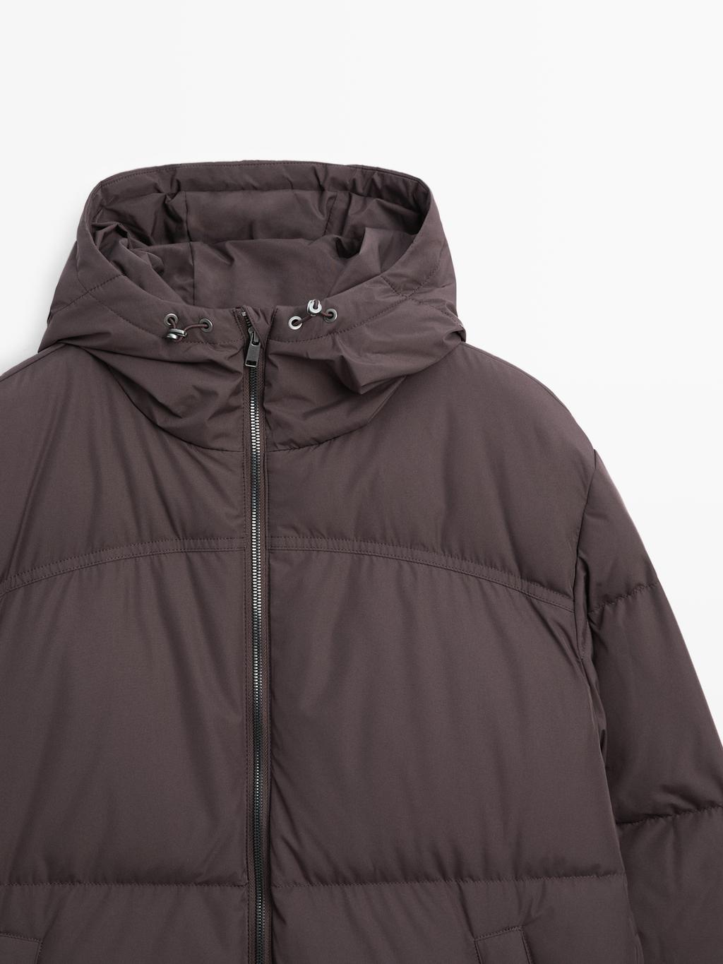 Long water-repellent puffer down jacket with hood