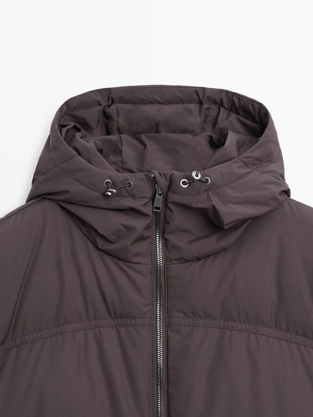 Long water-repellent puffer down jacket with hood