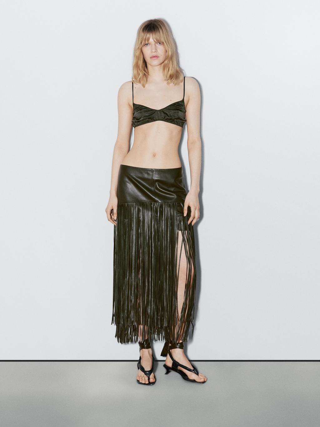 Nappa leather midi skirt with fringing - STUDIO
