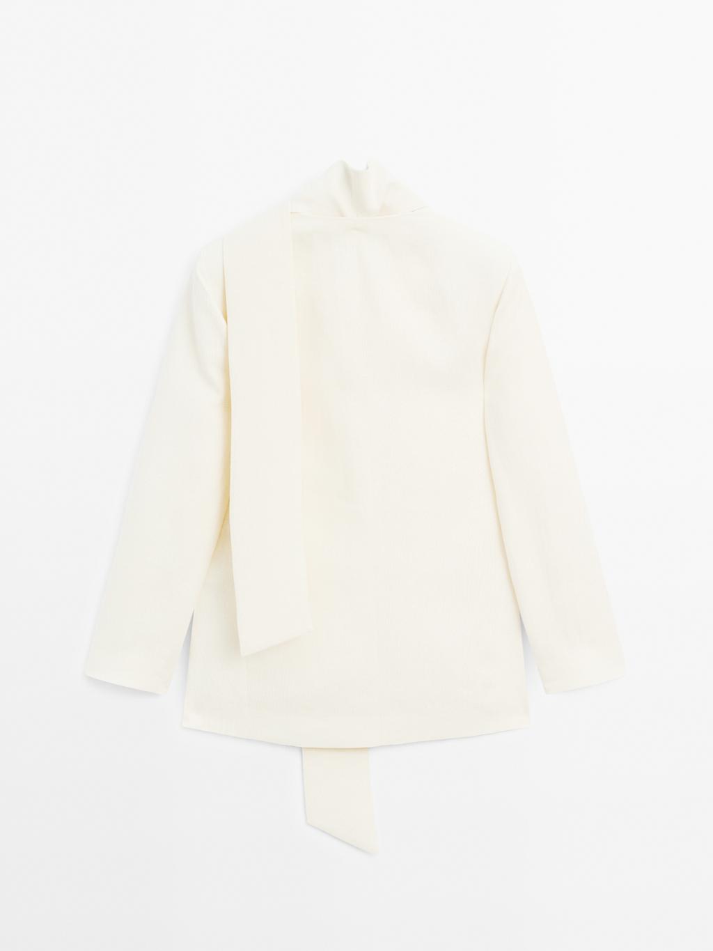 100% linen cropped blazer with scarf detail - STUDIO