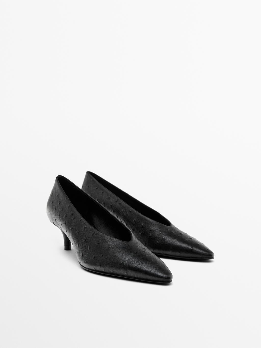 Ostrich print leather court shoes