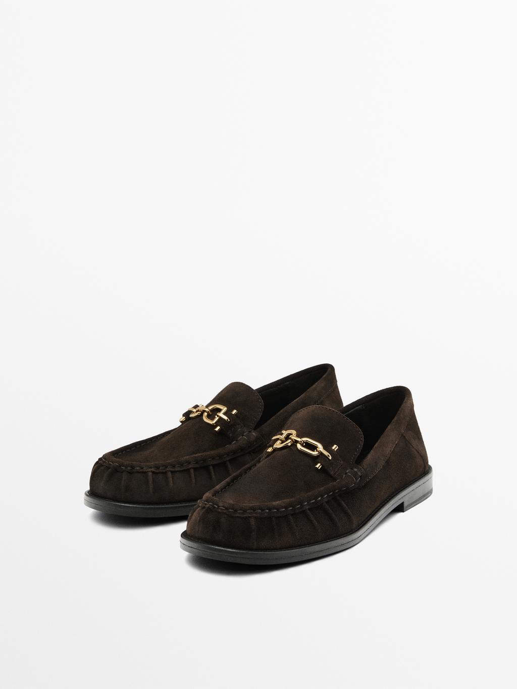 Split suede loafers with metal applique