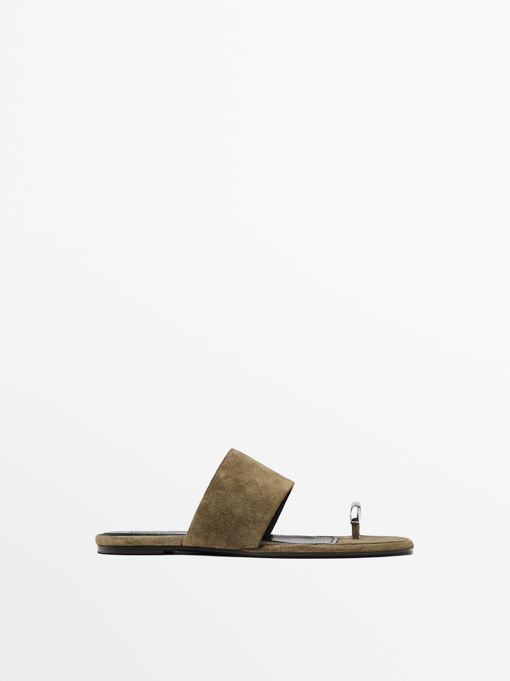 Split suede flat slider sandals with ring detail