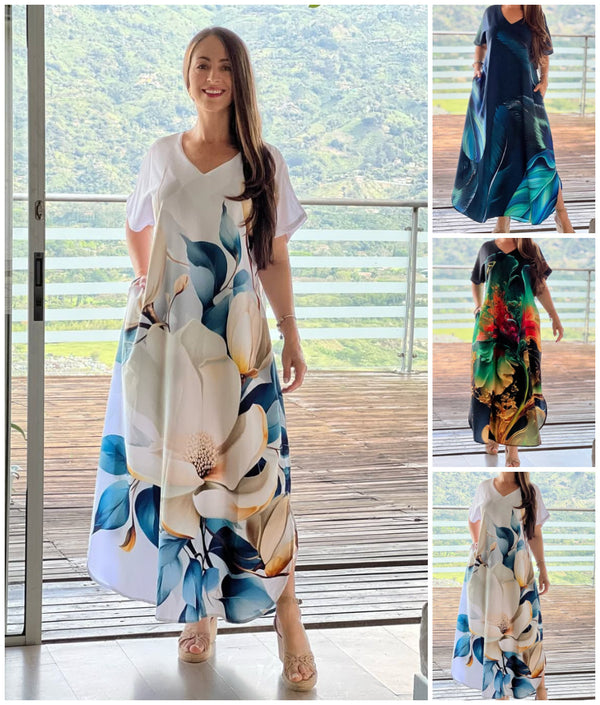✨👗2025 New V-print women's loose casual dress with short sleeves